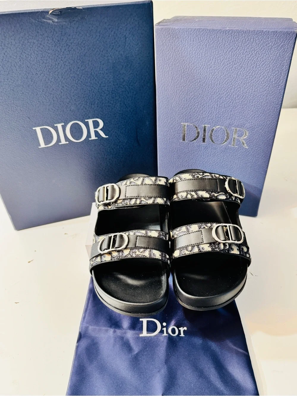 Authentic Dior Oblique Canvas Double-Strap Sandals Come w Original Box & Dustbag